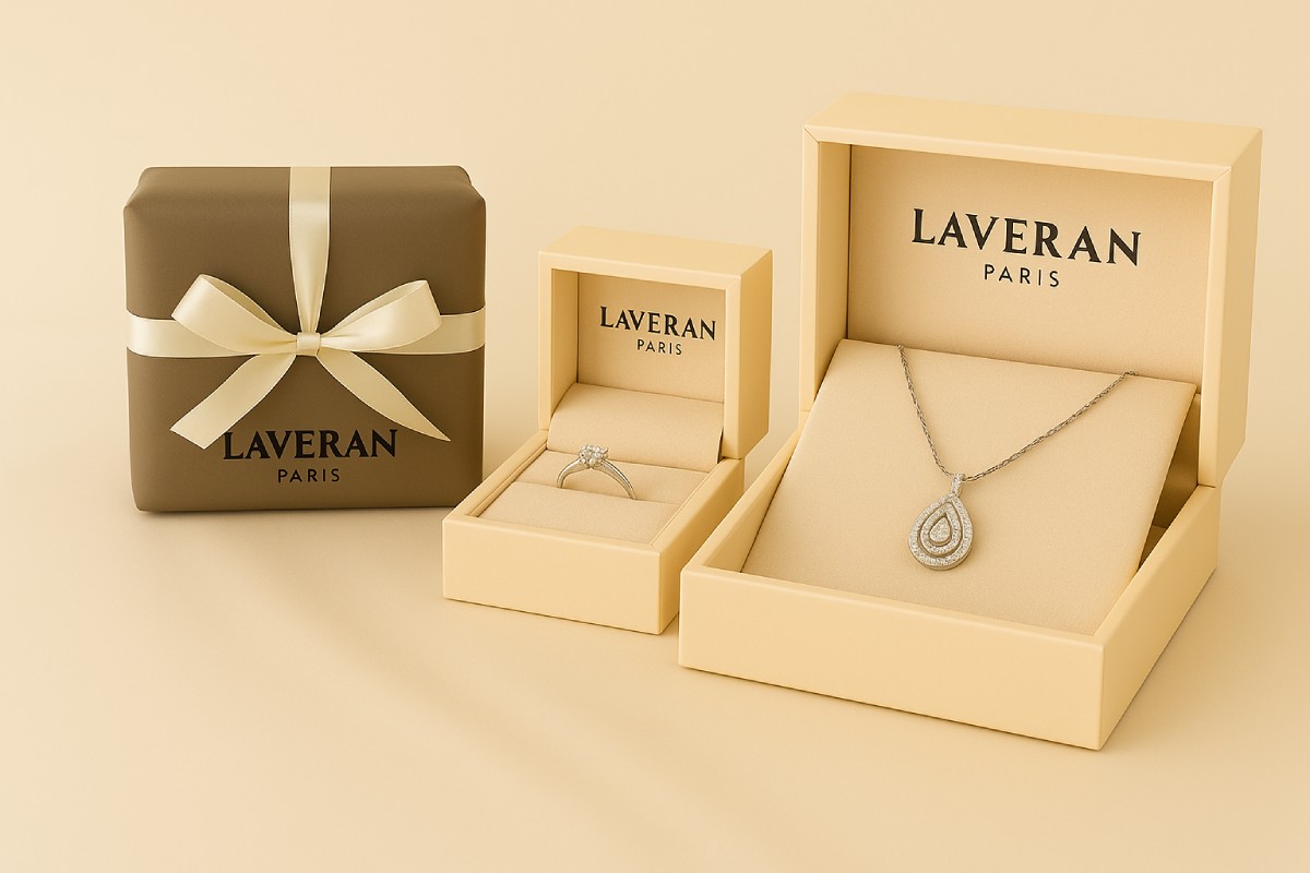 Coffrets Laveran Paris contenant un collier et une bague en diamant de laboratoire, présentés comme cadeaux raffinés et symboliques pour célébrer une amitié forte.